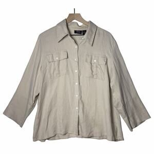 Allison Morgan Women 100% Linen Tan Button Down Blouse Plus size 1X